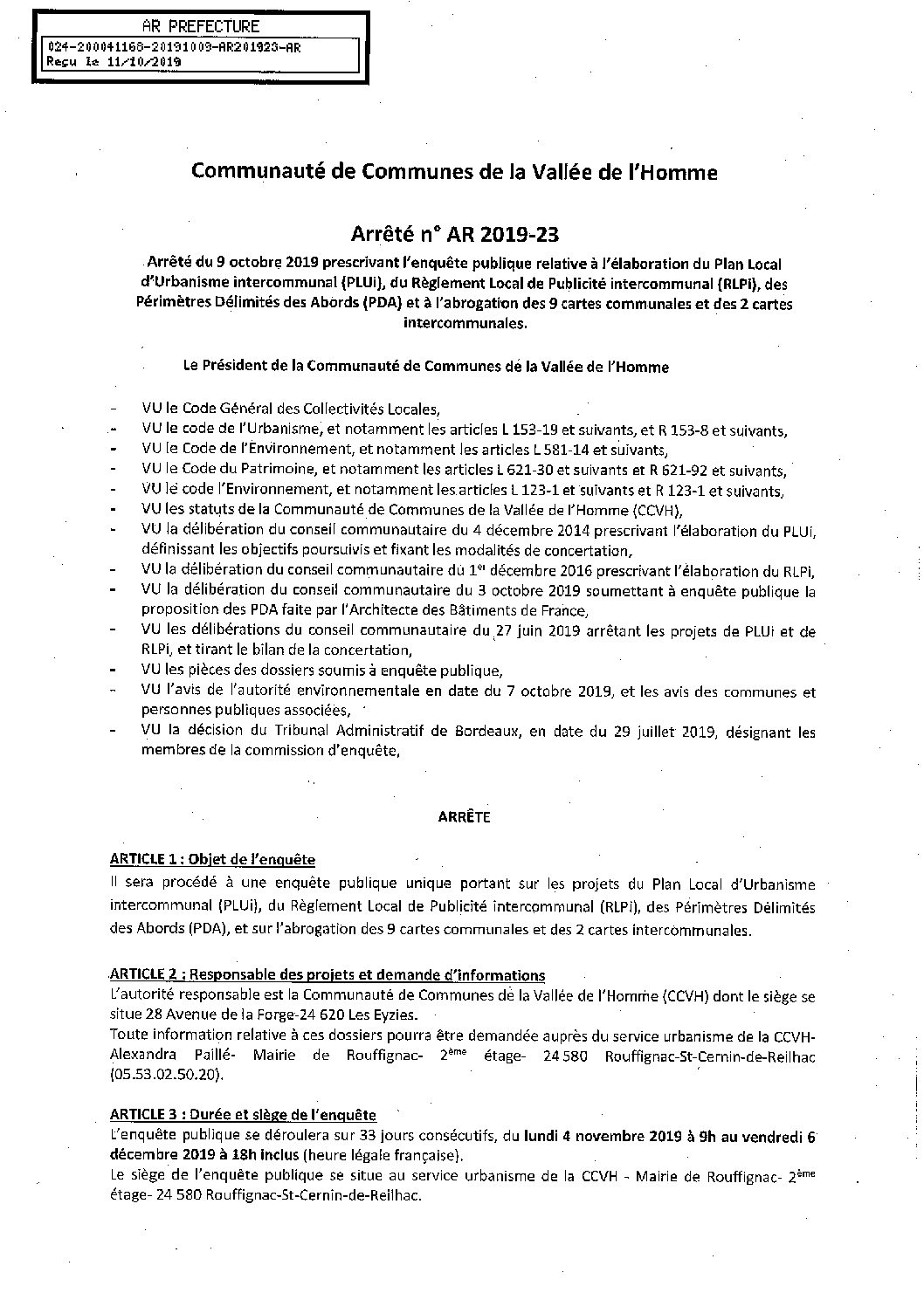 AR 2019-23 ENQUETE PUBLIQUE PLUI